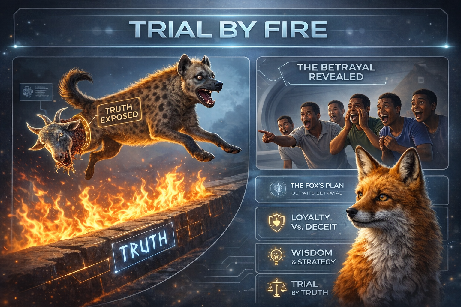 Trial by Fire — a hyena leaps across a fiery trench as the truth is revealed before the watching household
