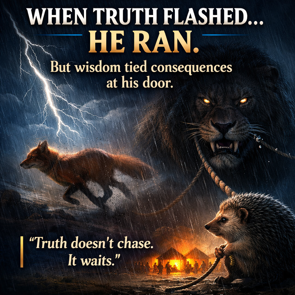 The Hedgehog and the Fox — lightning reveals a lion in the rain as the fox runs and the hedgehog takes hold of the rope